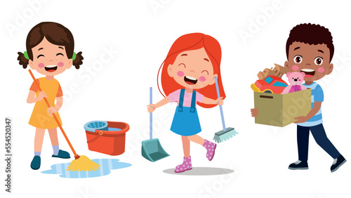 Vector Cartoon kids cleaning at home set Children in various cleaning positions