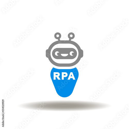 Vector illustration of robot with RPA abbreviation. Symbol of RPA Robotic Process Automation. Icon of AI drone tech.