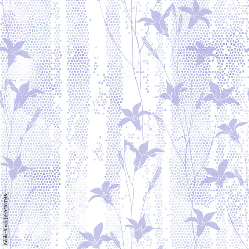 Bellflowers. Art floral background. Seamless pattern with hand drawn flowers on lilac mosaic watercolor background. Vector.  Perfect for wallpaper, wrapping, fabric and textile.