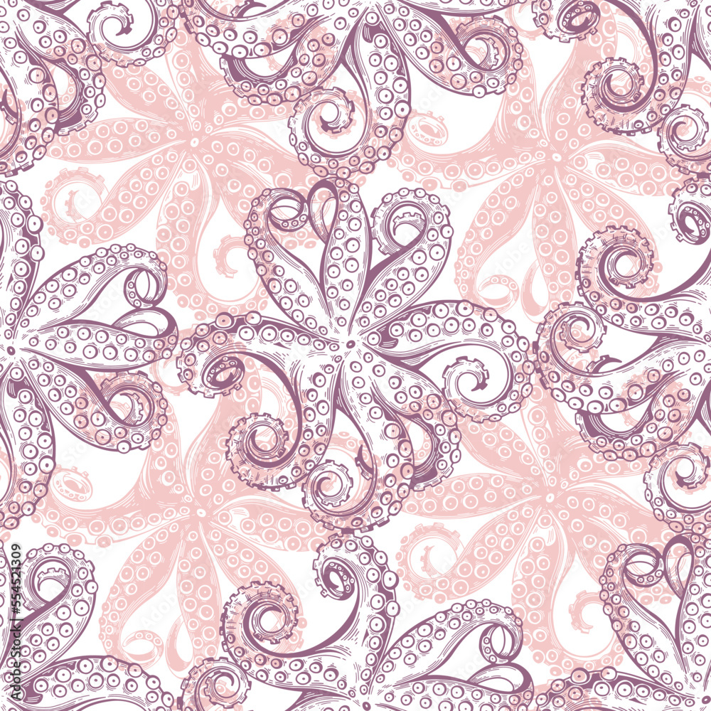 Octopus. Vector seamless background patterns on white. Food vector Illustration. Templates for menu design, packaging, restaurants and catering. Perfect for wallpaper, wrapping, fabric and textile.