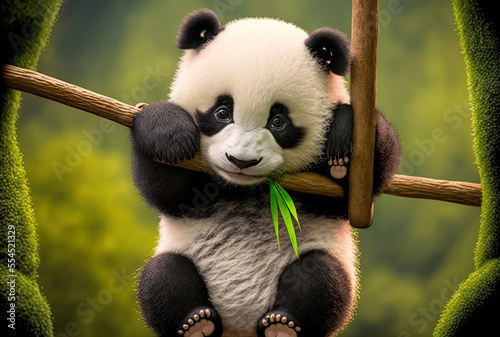 Cute and humorous baby panda hanging from bamboo. Generative AI photo