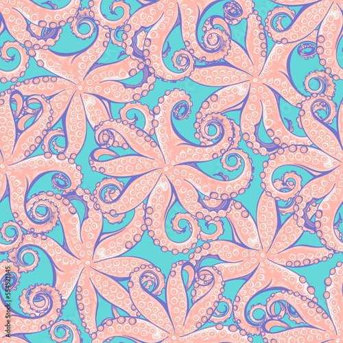 Octopus. Vector seamless background patterns on turquoise.  Templates for menu design, packaging, restaurants and catering. Perfect for wallpaper, wrapping, fabric and textile.