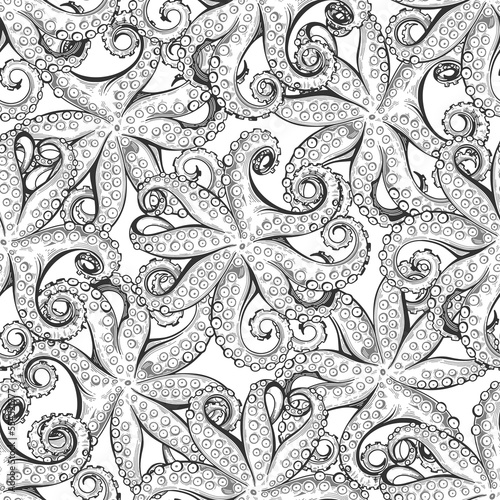 Octopus. Vector seamless background patterns on white. Food vector Illustration. Templates for menu design, packaging, restaurants and catering. Perfect for wallpaper, wrapping, fabric and textile.