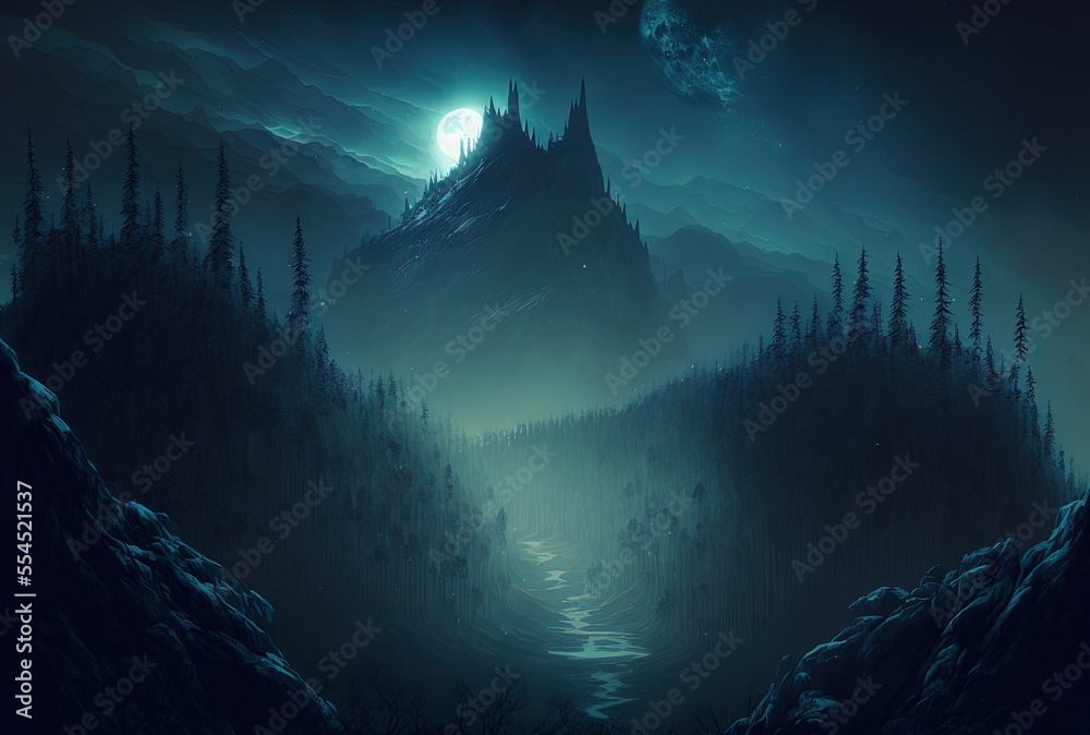 Mountain Haunted Deep Forest Night on Halloween. Fanciful Background