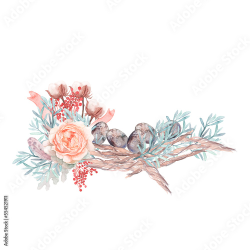 Fototapeta Naklejka Na Ścianę i Meble -  Watercolor Spring Easter Birds Peonies Roses Blush Cake Wedding Eucalyptus Rabbit Candelabra Bouquets Shabby Chic