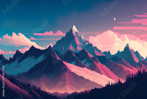 mountains, a pink and blue sky, and. Generative AI