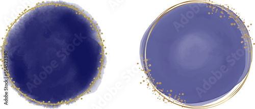 Navy blue watercolor round frames with golden glitter confetti
