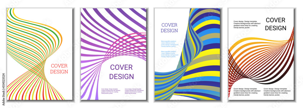 A set of 4 abstract covers. Wavy parallel gradient lines, ribbons evolve. Cover design, background. Trendy banner, poster. A set of 4 abstract covers. Wavy parallel gradient lines, ribbons evolve. Cover design, background. Trendy banner, poster.