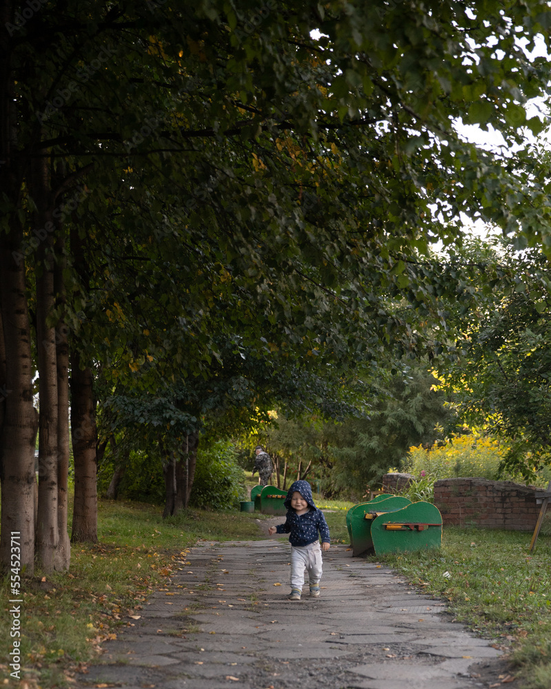 Fototapeta premium A little boy runs to the camera in the park. a beautiful child walks along the path in the park.