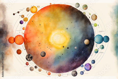 vibrant watercolor solar system diagram. Generative AI