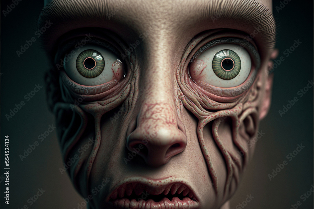 Creepy face with textured veins and giant eyes. Drug use or abuse with addiction in young person created with generative AI.