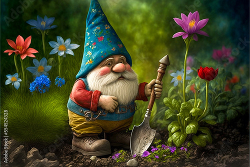 Garden gnome with long white beard planting Spring flowers. Created with generative AI. photo