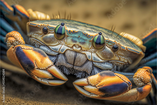 Macro closeup shot of a small crab on a sandy ocean beach. Created with generative AI. photo