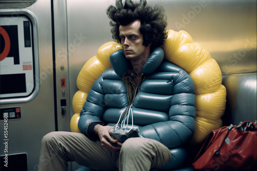 Strange man with weird expression wearing absurd puffy jacket on a New York subway. Created with generative AI.