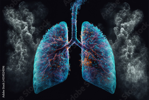 Isolated human lungs with cigarette smoke around them