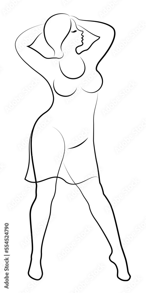 Beautiful woman figure silhouette in modern single line continuous style. The girl is overweight. The lady is standing. Vector illustrations. Beautiful woman figure silhouette in modern single line continuous style. The girl is overweight. The lady is standing. Vector illustrations.