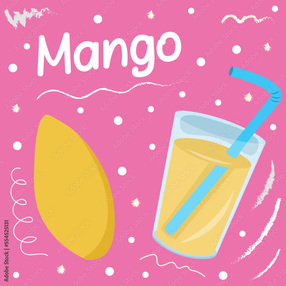 Poster mango and smoothie flat design with doodle elements on the background. Illustration for booklets and menus with doodle elements on the background.