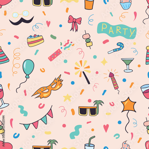 Hand drawn seamless colorful doodle pattern with party theme. Texture for wrapping and textile.