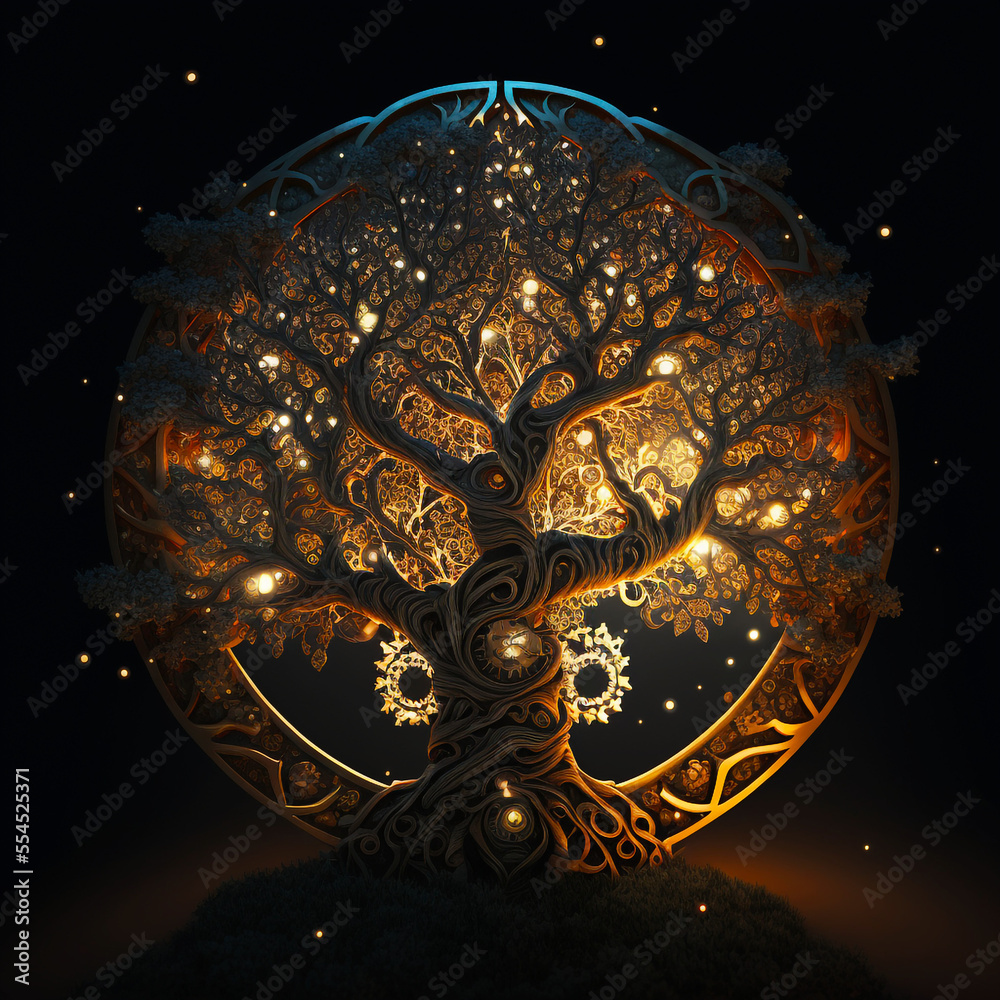 Golden Tree of Life: Glowing AI Representation Against Cosmic Background