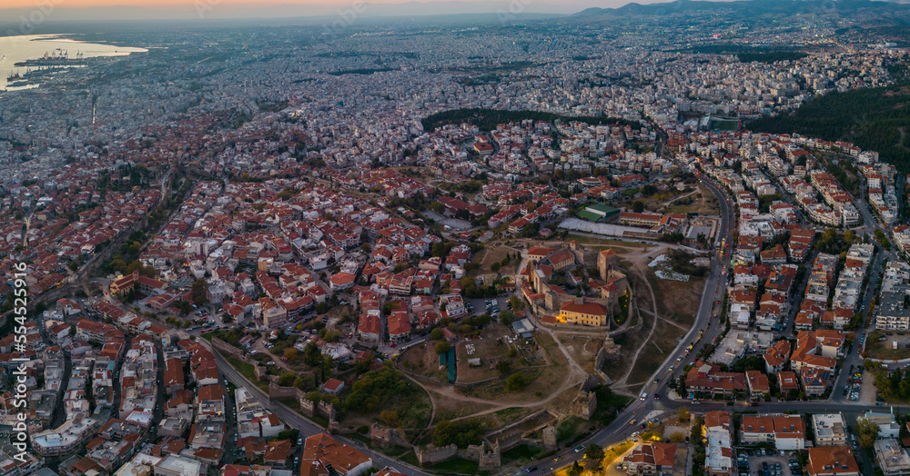 Aerial view around the city Thessaloniki in Greece in the late afternoon in autumn	