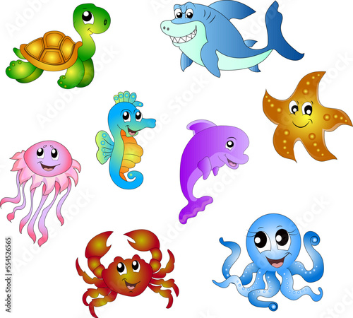 Sea animals dolphin, jellyfish, seahorse, starfish, turtle, shark, crab, octopus