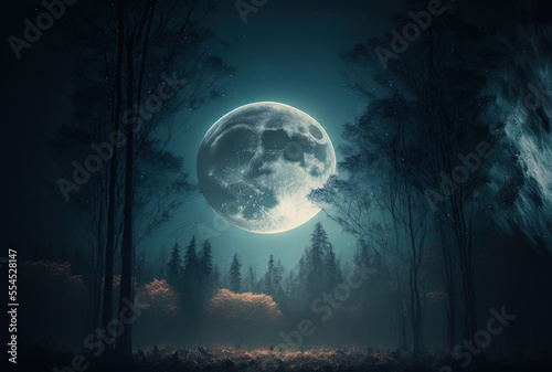 A night sky with a full moon and a gloomy woodland setting. Generative AI