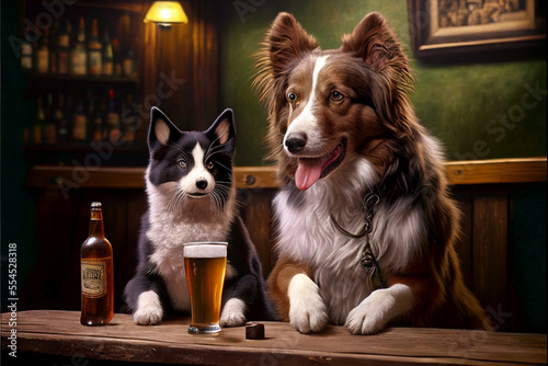 Billede på lærred Cat and dog sitting in bar drinking beer