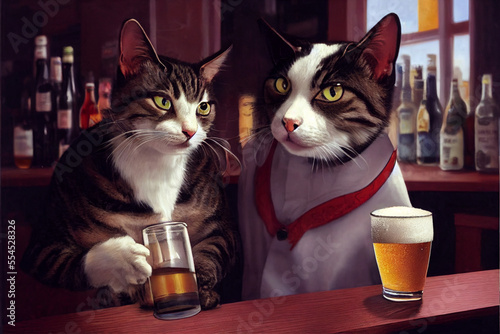 Fotografering Cat and dog sitting in bar drinking beer