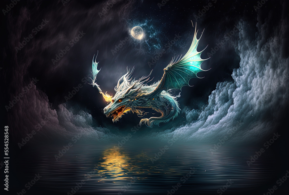 Dragon ghost from a fairy tale soaring beneath the water at night. Fantasy scary creature cartoon artwork, spirit of dead mythology beast with wings in cloudy night sky. Generative AI