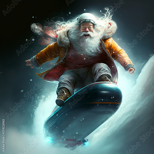 Generative A.I., Santa, Christmas, Santa Claus, Christmas card, new years card, Santa in a glass ball, Santa on a snowboard, 