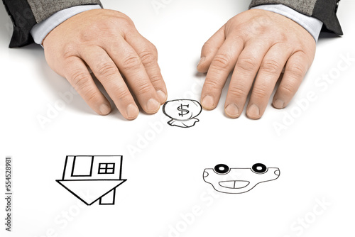 A businessman chooses what to invest in - a car or a house. The concept of business, investing