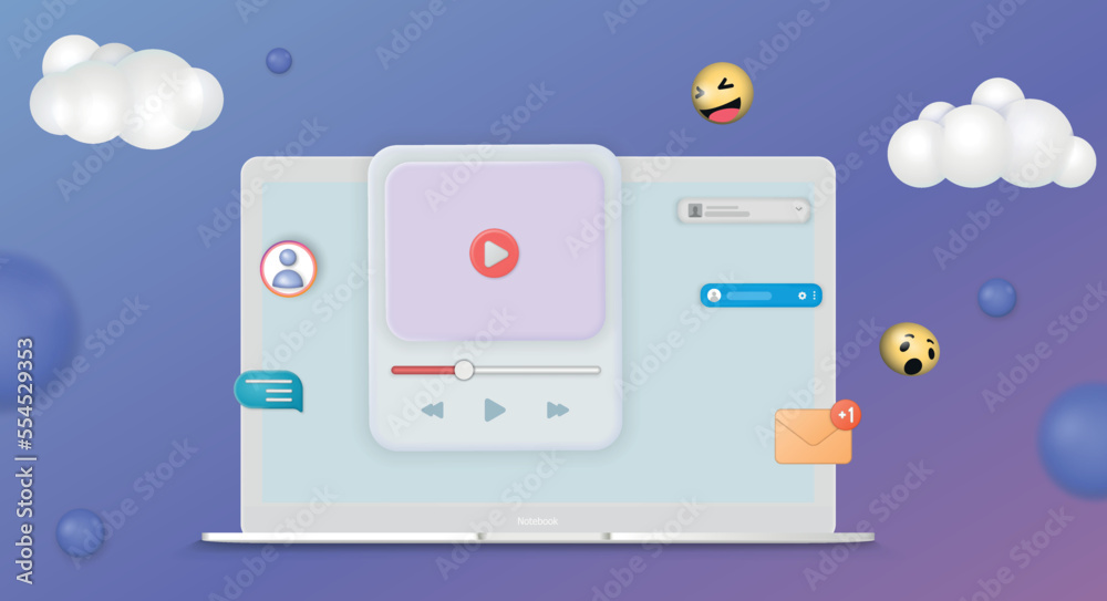 Social media online playing 3d cinema video on web browser display concept. Social media online playing 3d cinema video on web browser display concept.