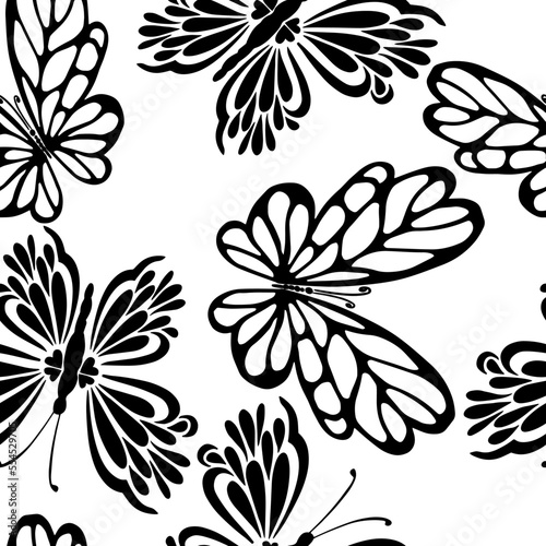 Fototapeta Naklejka Na Ścianę i Meble -  Butterflies seamless monochrome graphic pattern. black and white Vector illustration