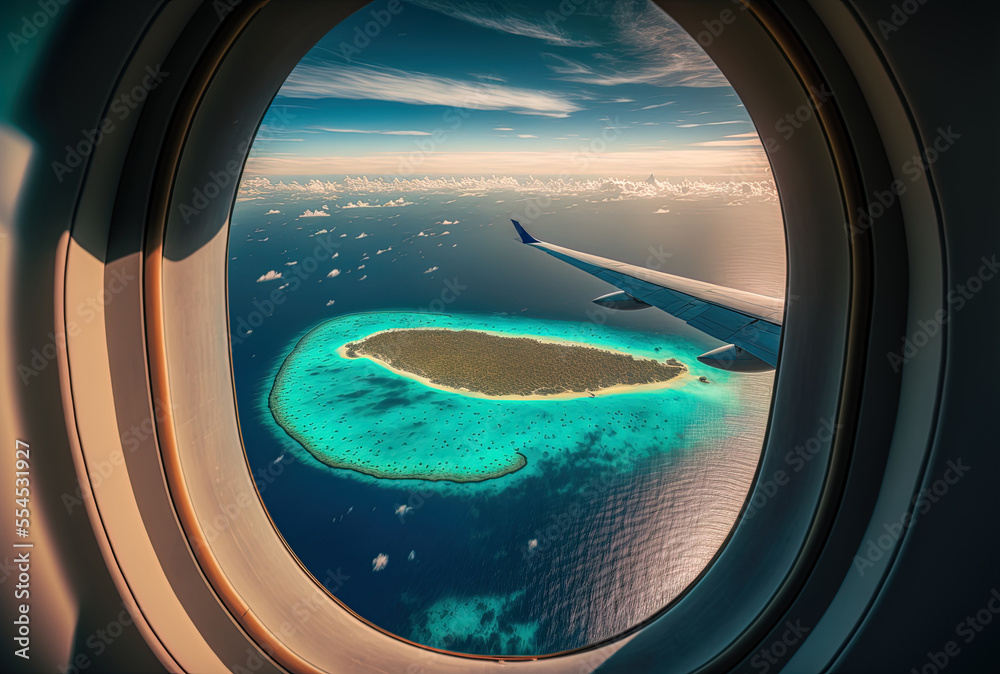 Top view of the Maldives islands as seen from an aircraft window with wings. excellent background for a trip. Generative AI