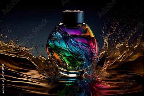  a colorful bottle of liquid with a splash of water on it's surface and a black background with a black cap. Generative AI