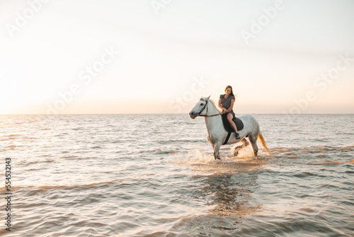 portrait of a long-haired girl on a horse in the sea at sunset
