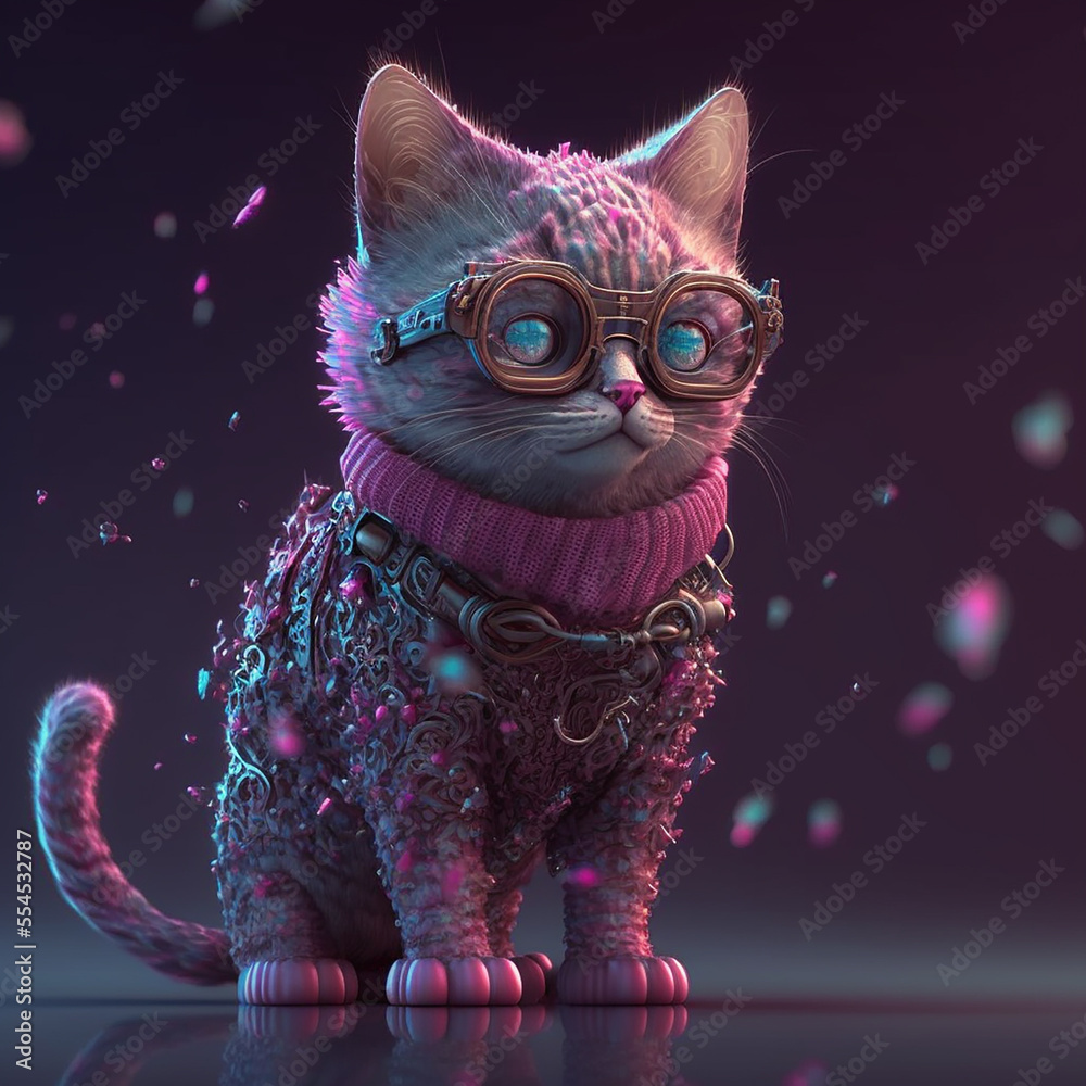 Cute pink cat in futuristic 3d glasses.Portrait of a cat in the ...