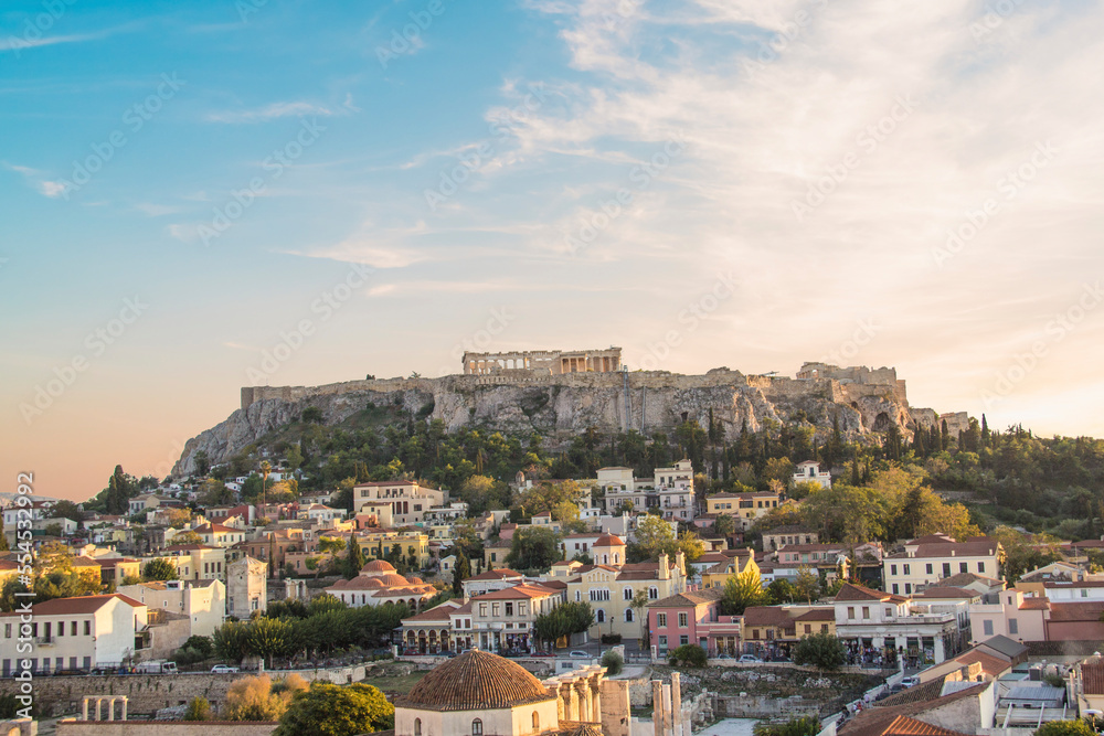 Beautiful view of the Acropolis and Monastiraki area in Athens, Greece