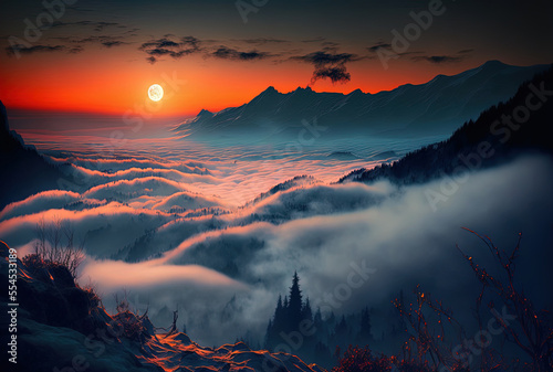Beautiful sea of fog in a valley before daybreak, with orange clouds in the sky. Generative AI