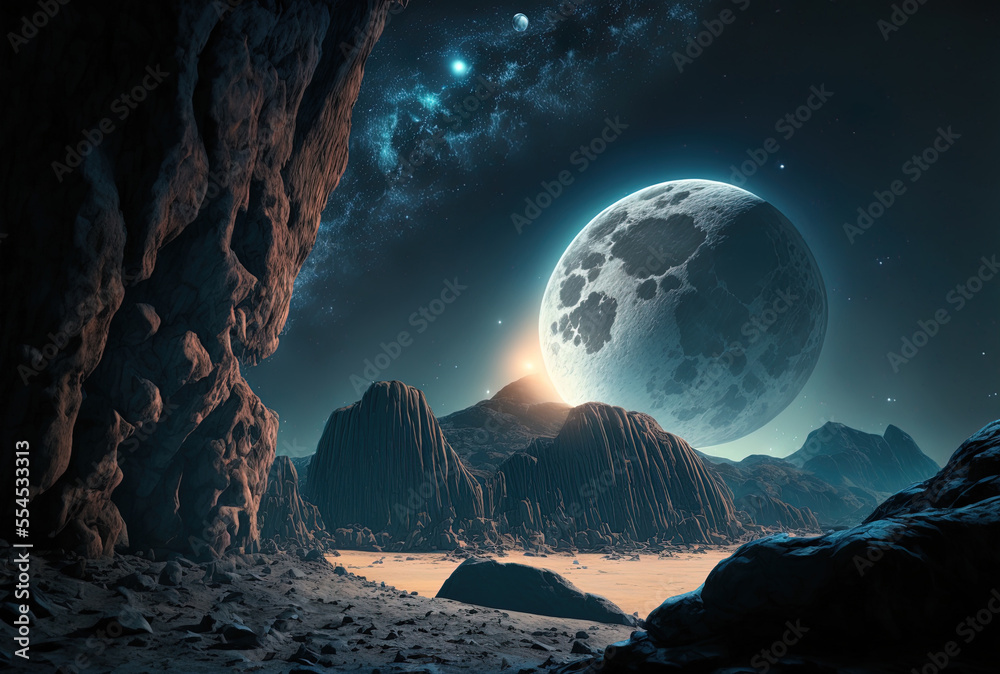 Surface of an alien planet, futuristic scene with a luminous moon or ...