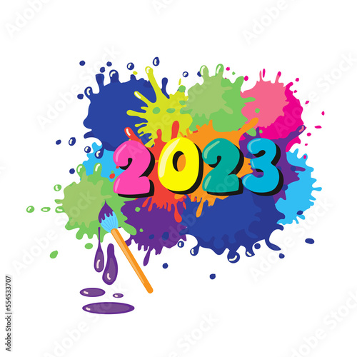Vector and illustration of new year 2023 with round letters, on a background of multicolored splashed paint with brush.
