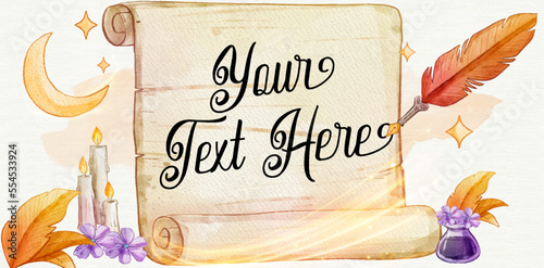 Storytelling book colourful watercolor style illustration with editable script text, editable text effect, Watercolor background script, fountain pen, ink, candle, moon and stars. Fountain Pen Day