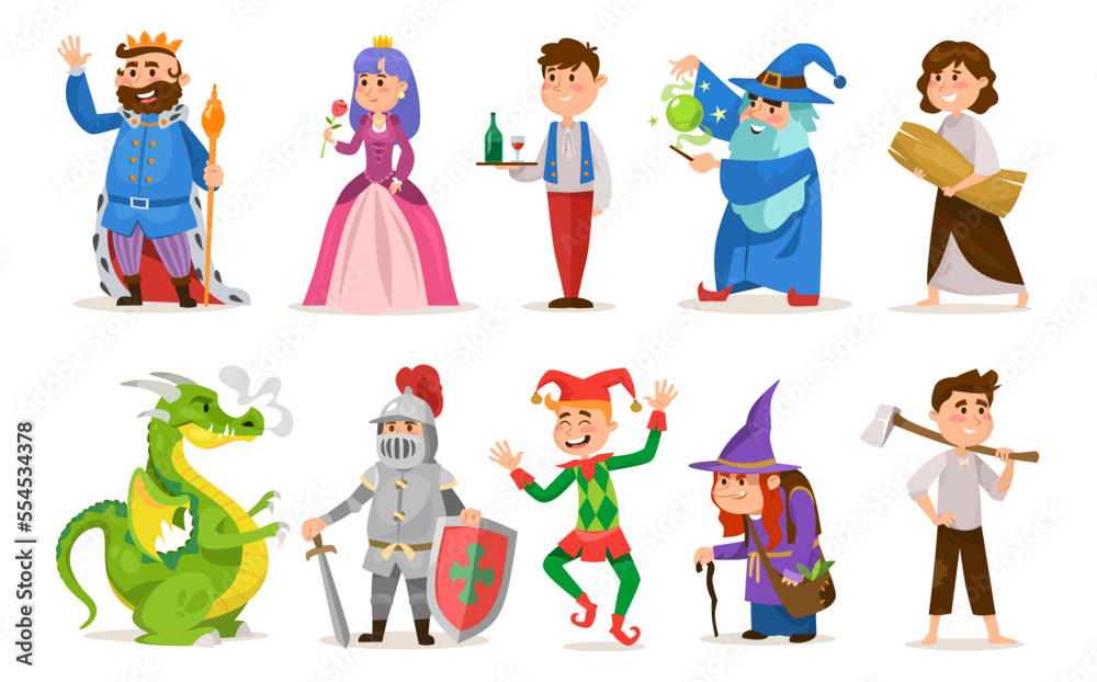 Fairytale character set for a medieval game isolated on white background. King, queen, sorcerer, peasant, dragon, knight, jester, witch, and main boy character. Cartoon style vector illustration.