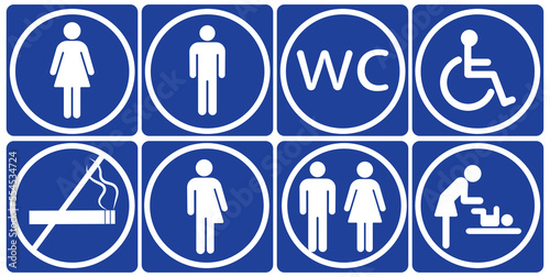 Toilet line icon set on blue backgrounds