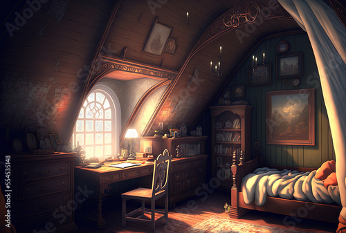 Interior of a girl's chamber in the attic. Teenage mansard room. Generative AI