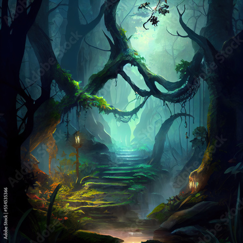 fantasy forest with moss steps