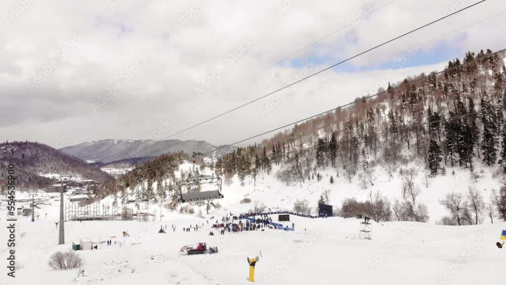 Bakuriani, Georgia - 5th March, 2022: aerial view spectators crowd in Bakuriani, Georgia - 5th March, 2022: aerial view spectators crowd in
