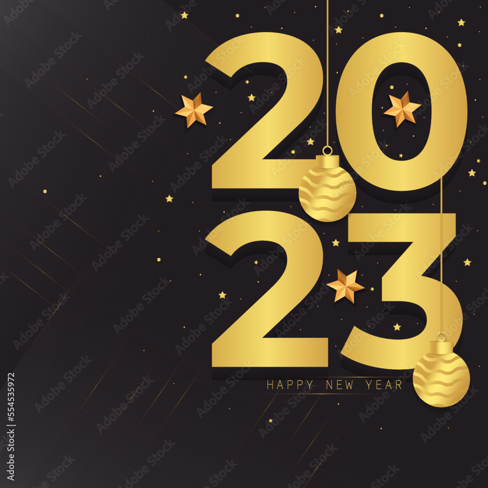 Happy New Year 2023 Design. 2023 gold text, hanging Christmas ball with stars on black background. New Year celebration. Greeting card, banner, poster. Vector illustration. Happy New Year 2023 Design. 2023 gold text, hanging Christmas ball with stars on black background. New Year celebration. Greeting card, banner, poster. Vector illustration.