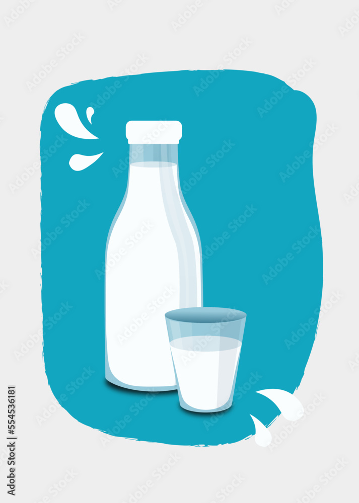glass bottle and glass with milk on blue background glass bottle and glass with milk on blue background
