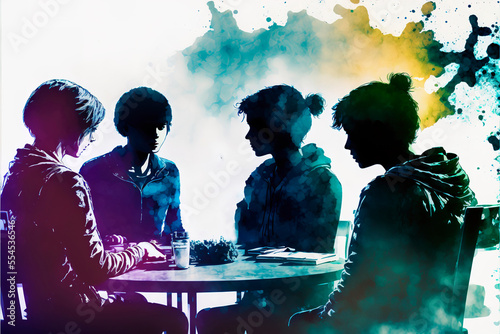 group of children sit and discuss at the table, a generative ai watercolour-style illustration of school life 